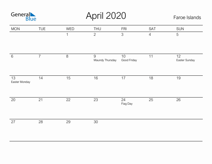 Printable April 2020 Calendar for Faroe Islands
