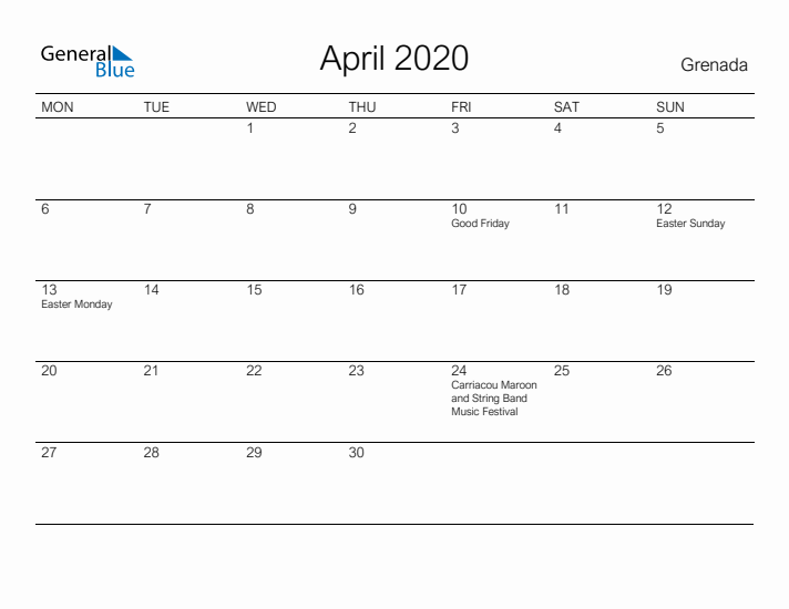 Printable April 2020 Calendar for Grenada