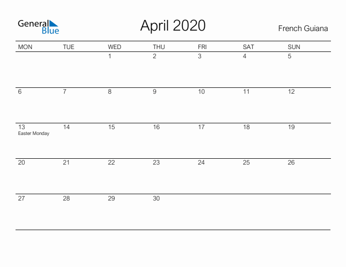 Printable April 2020 Calendar for French Guiana