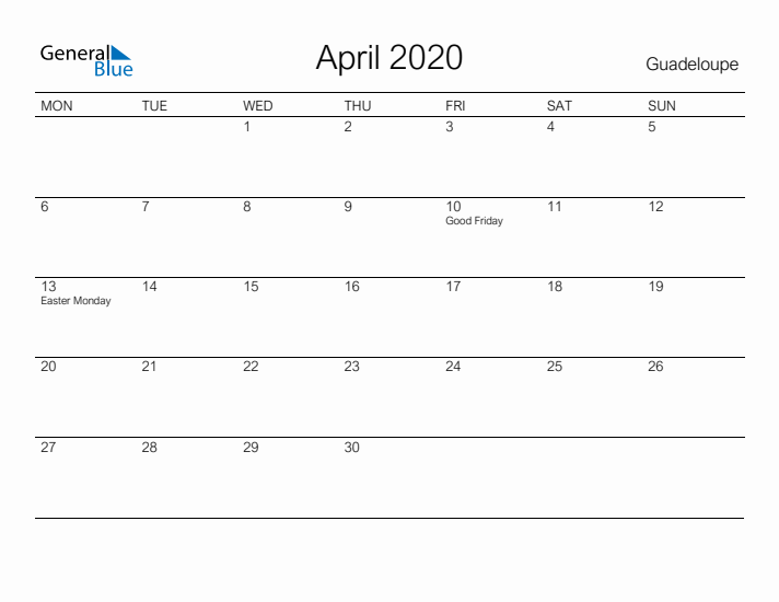 Printable April 2020 Calendar for Guadeloupe