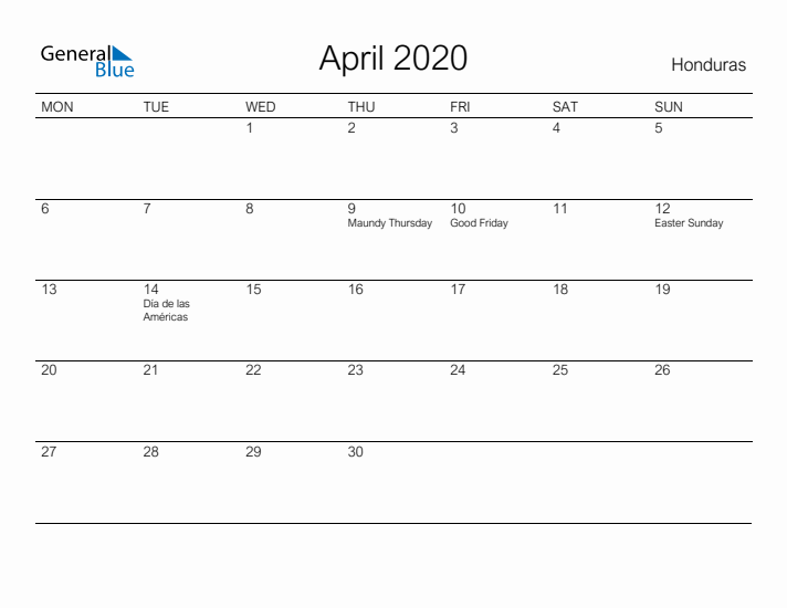 Printable April 2020 Calendar for Honduras