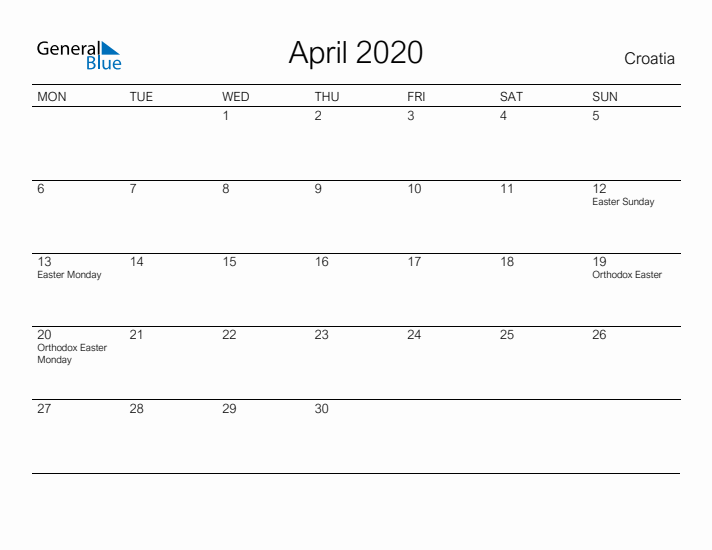 Printable April 2020 Calendar for Croatia