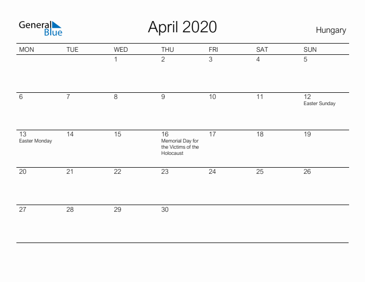 Printable April 2020 Calendar for Hungary