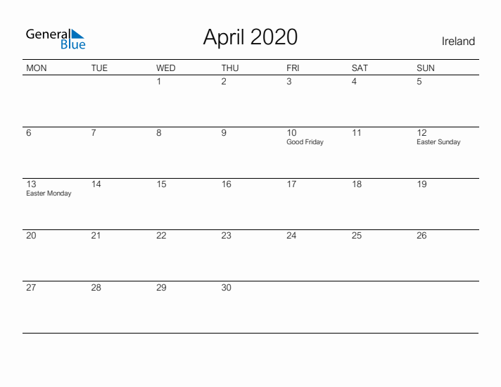 Printable April 2020 Calendar for Ireland
