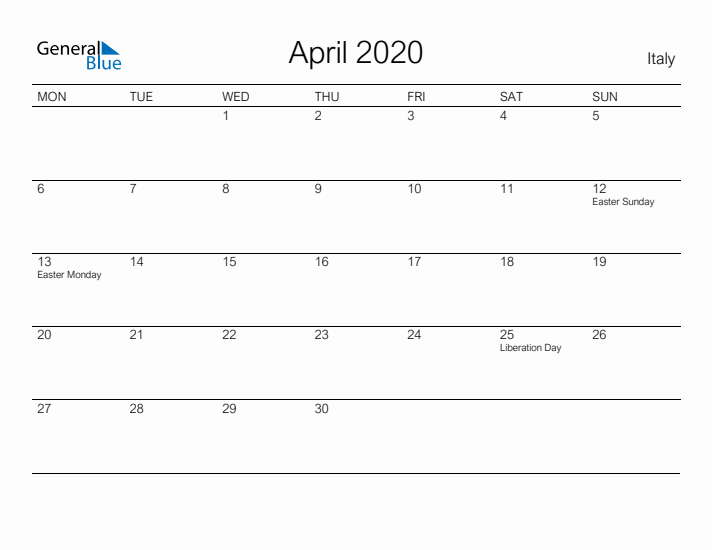 Printable April 2020 Calendar for Italy