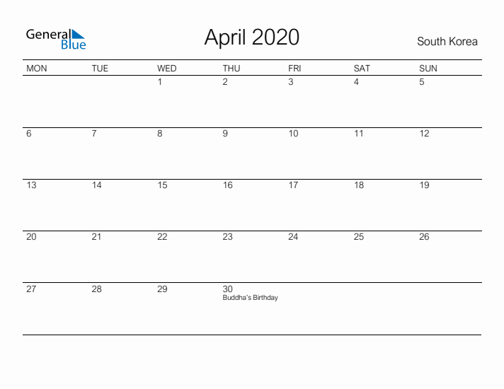 Printable April 2020 Calendar for South Korea