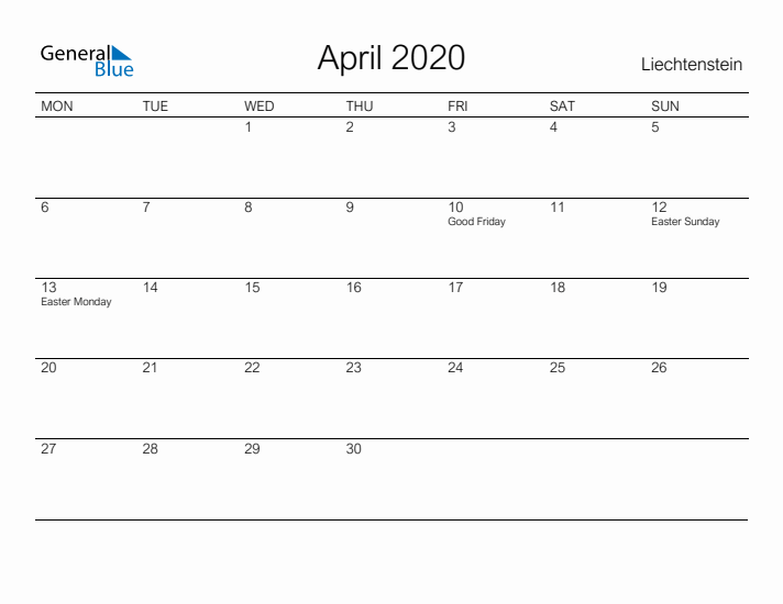 Printable April 2020 Calendar for Liechtenstein