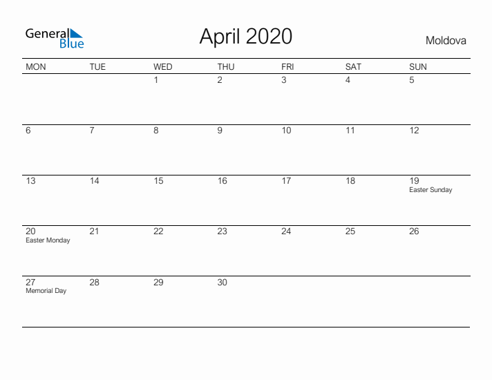 Printable April 2020 Calendar for Moldova