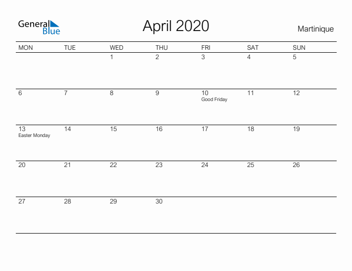 Printable April 2020 Calendar for Martinique