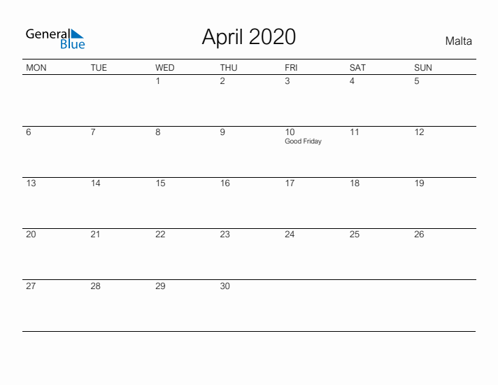 Printable April 2020 Calendar for Malta
