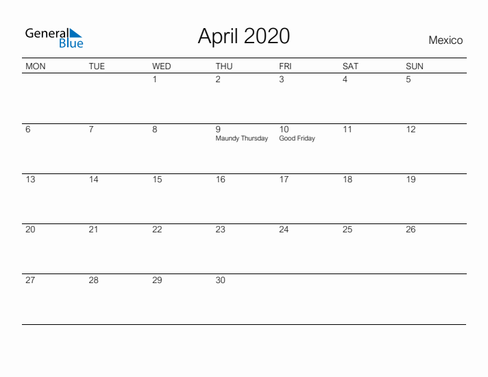 Printable April 2020 Calendar for Mexico