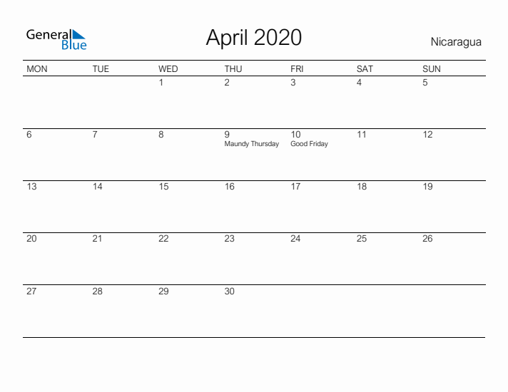 Printable April 2020 Calendar for Nicaragua