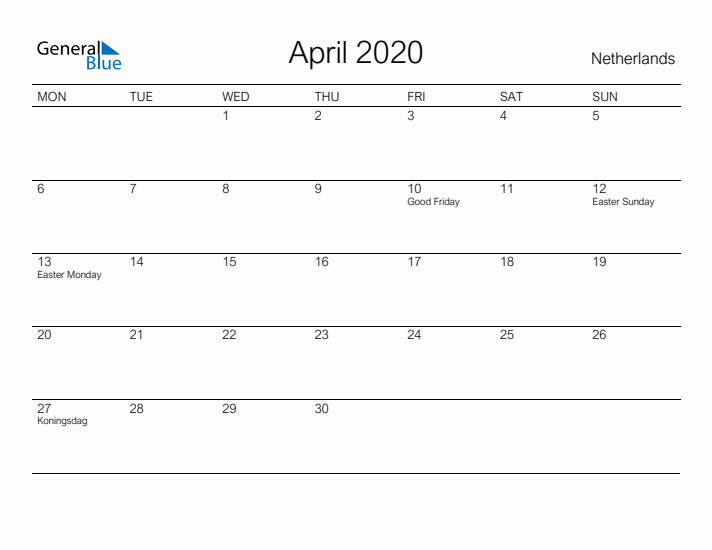 Printable April 2020 Calendar for The Netherlands