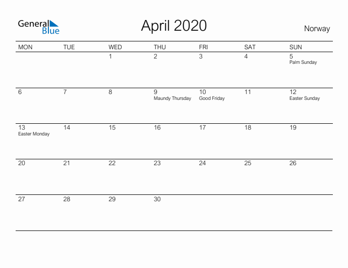 Printable April 2020 Calendar for Norway
