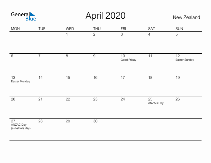Printable April 2020 Calendar for New Zealand