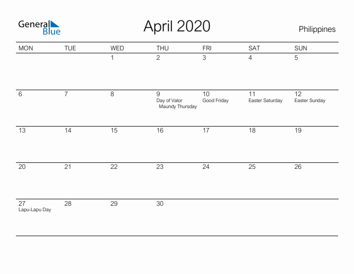 Printable April 2020 Calendar for Philippines