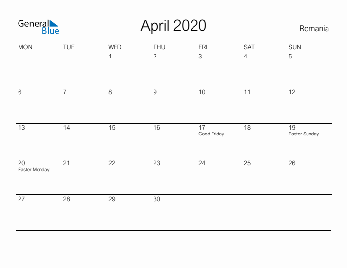 Printable April 2020 Calendar for Romania