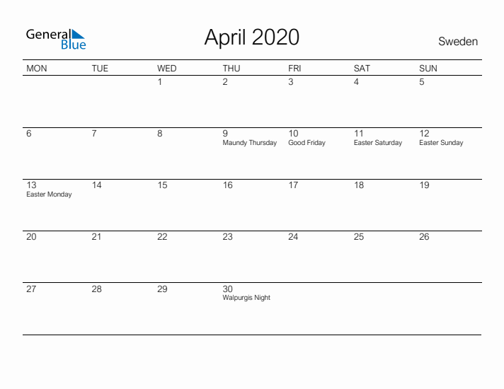 Printable April 2020 Calendar for Sweden
