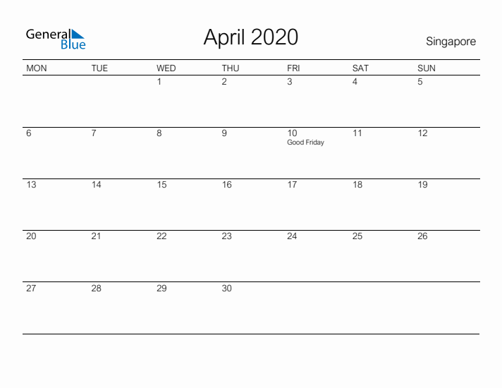 Printable April 2020 Calendar for Singapore