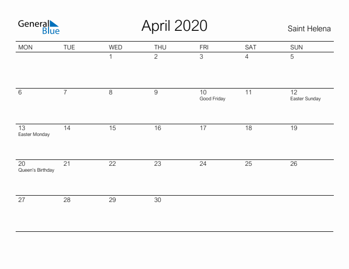 Printable April 2020 Calendar for Saint Helena