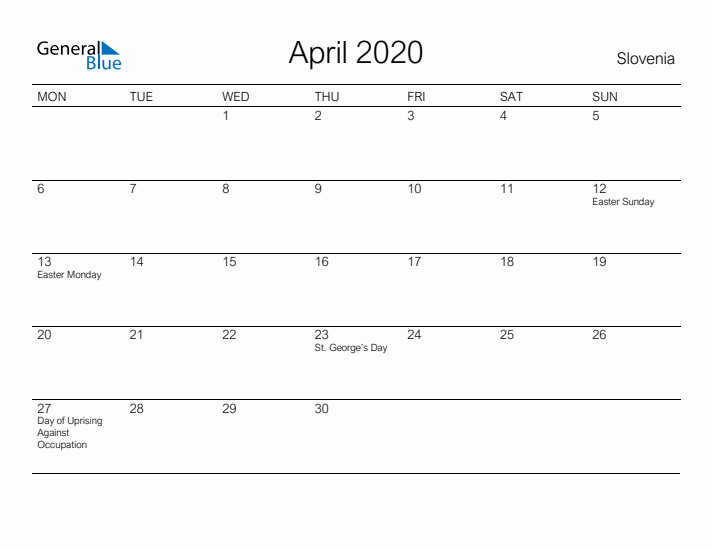 Printable April 2020 Calendar for Slovenia