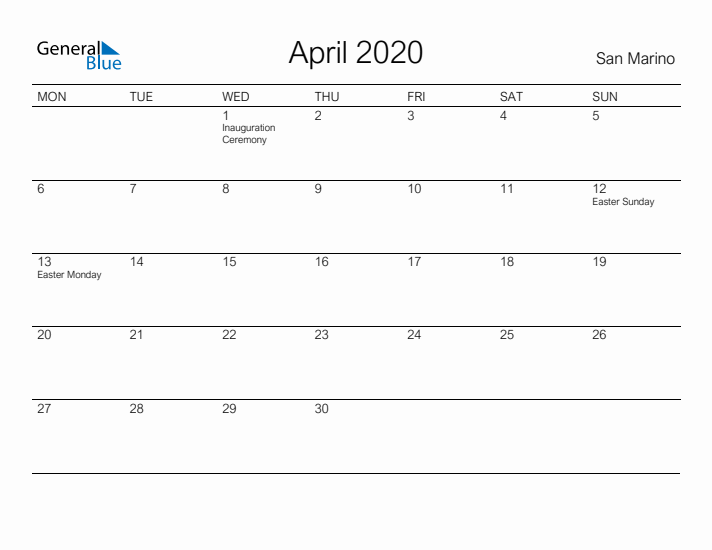 Printable April 2020 Calendar for San Marino