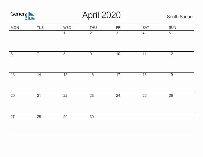 Printable April 2020 Calendar for South Sudan
