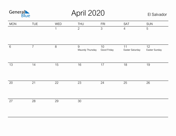 Printable April 2020 Calendar for El Salvador