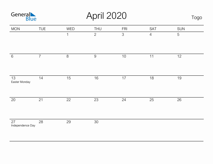 Printable April 2020 Calendar for Togo