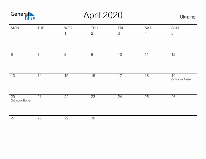 Printable April 2020 Calendar for Ukraine