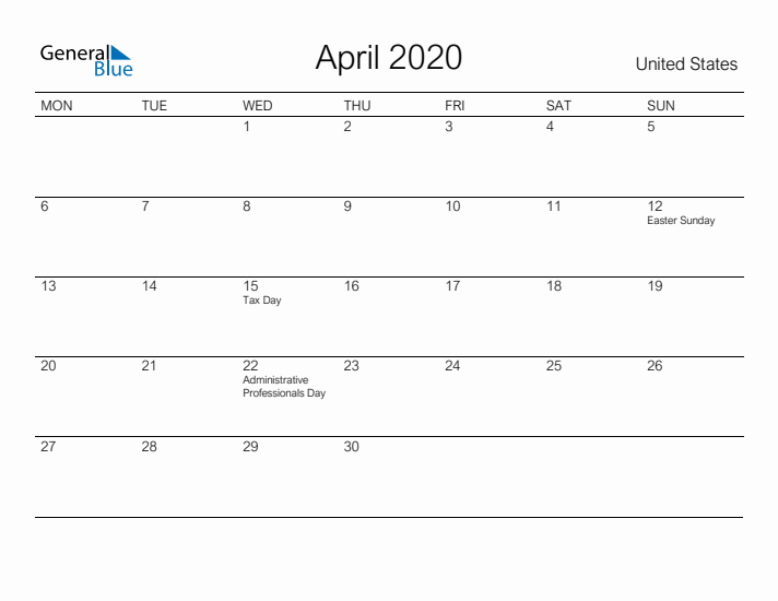 Printable April 2020 Calendar for United States