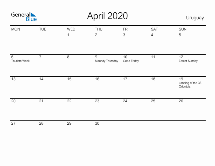 Printable April 2020 Calendar for Uruguay