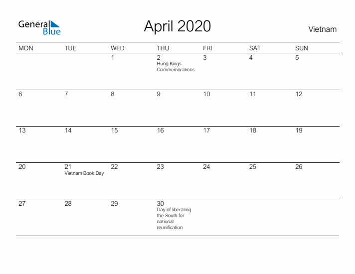 Printable April 2020 Calendar for Vietnam