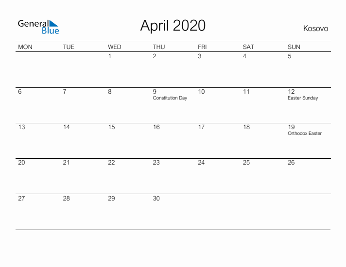 Printable April 2020 Calendar for Kosovo