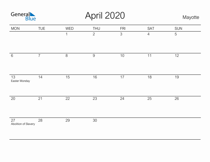 Printable April 2020 Calendar for Mayotte