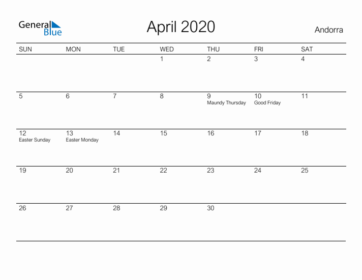 Printable April 2020 Calendar for Andorra