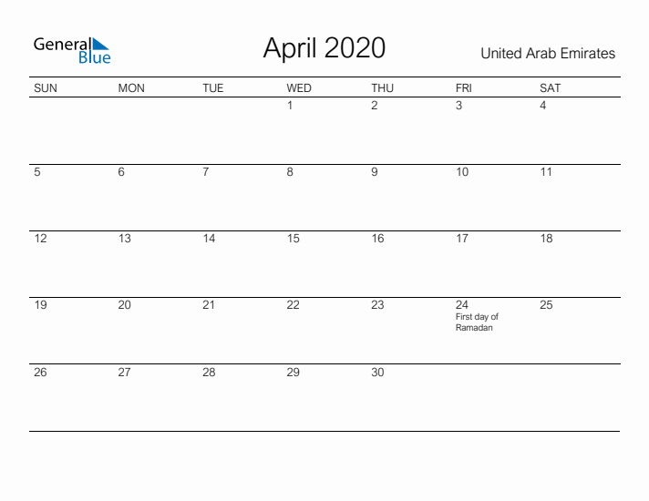 Printable April 2020 Calendar for United Arab Emirates