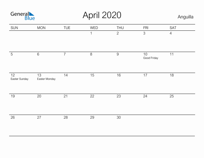 Printable April 2020 Calendar for Anguilla