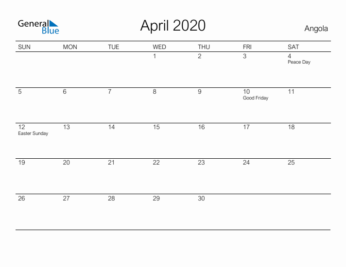 Printable April 2020 Calendar for Angola