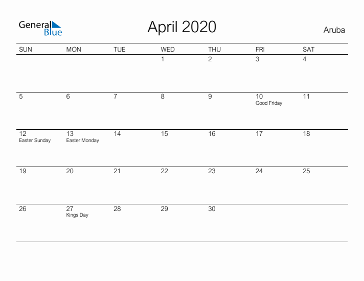 Printable April 2020 Calendar for Aruba