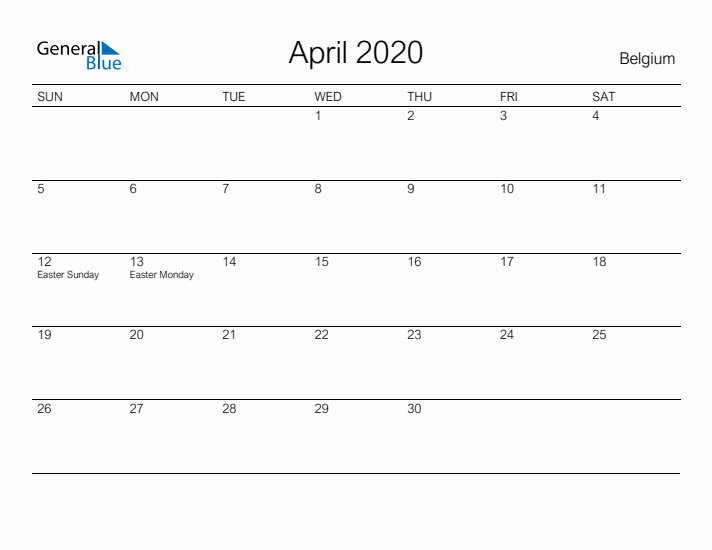 Printable April 2020 Calendar for Belgium
