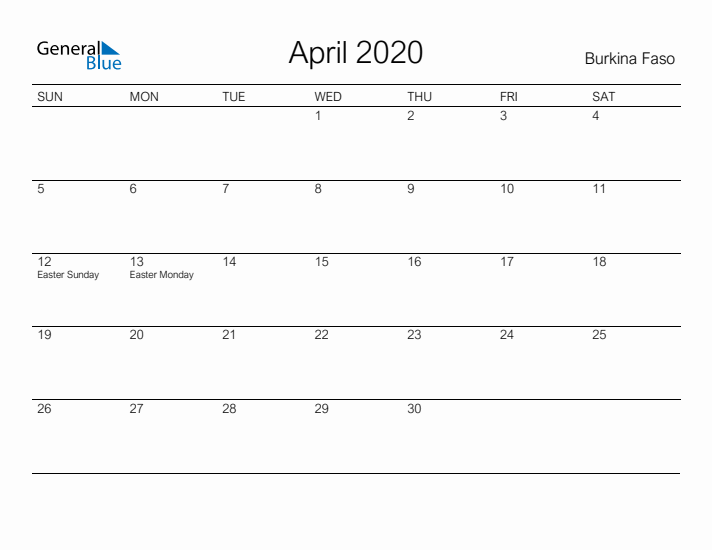 Printable April 2020 Calendar for Burkina Faso