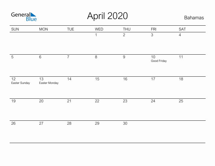 Printable April 2020 Calendar for Bahamas