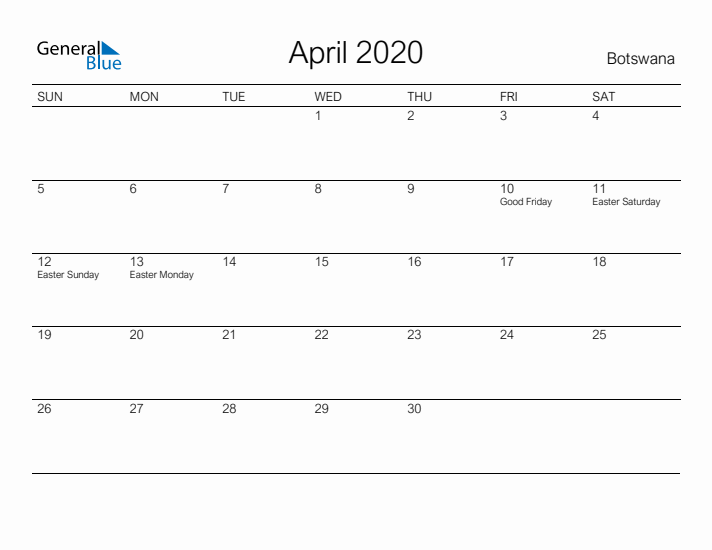 Printable April 2020 Calendar for Botswana