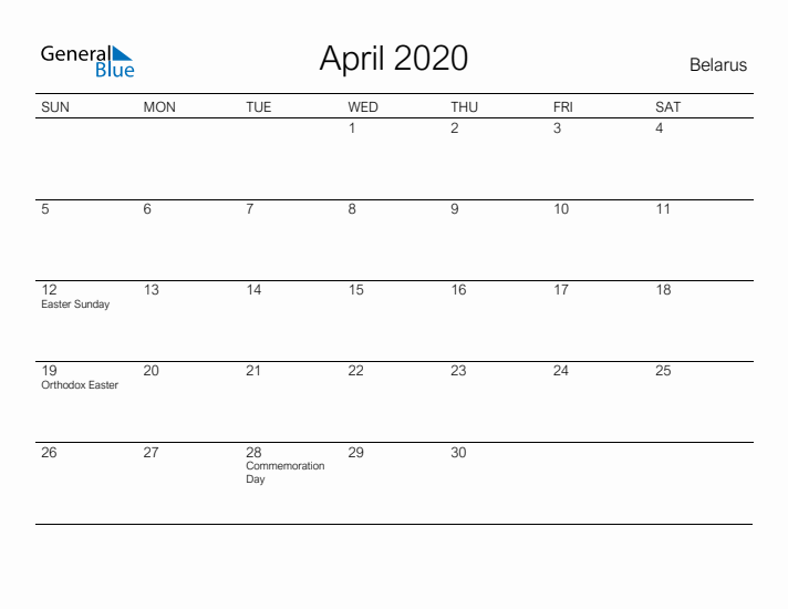 Printable April 2020 Calendar for Belarus