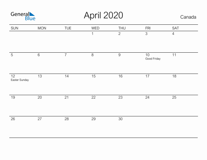 Printable April 2020 Calendar for Canada