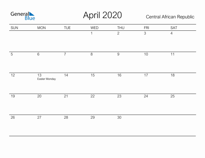 Printable April 2020 Calendar for Central African Republic
