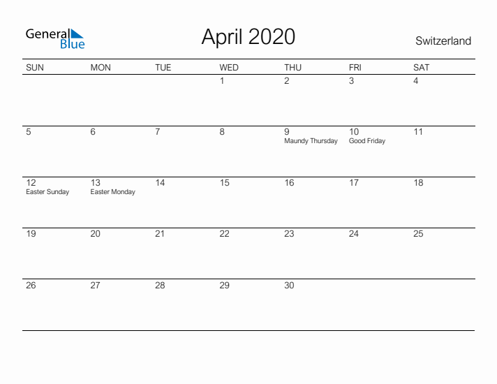 Printable April 2020 Calendar for Switzerland