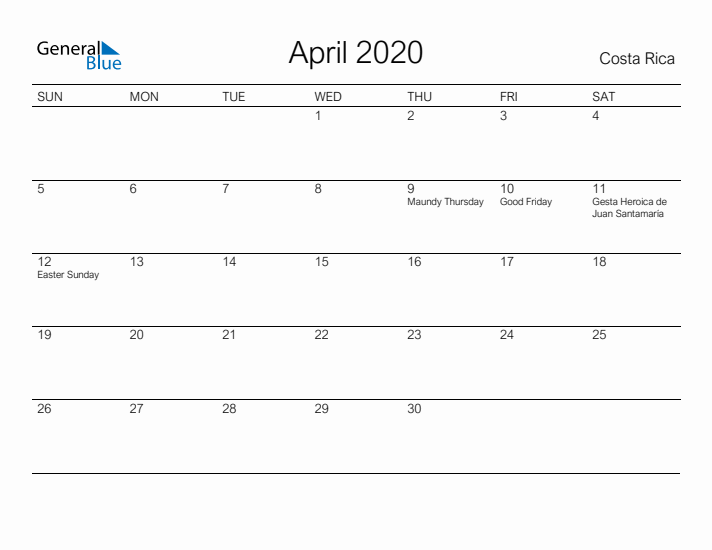 Printable April 2020 Calendar for Costa Rica