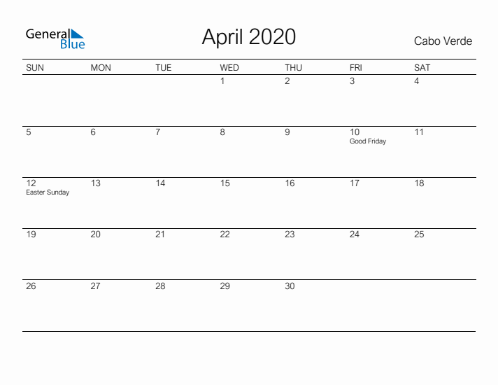 Printable April 2020 Calendar for Cabo Verde
